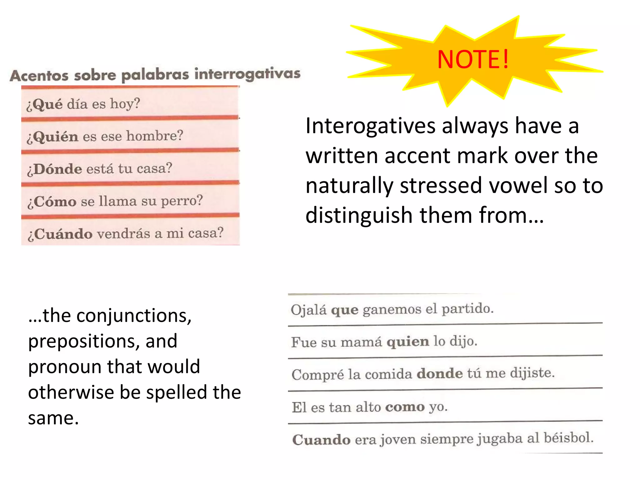 NOTE!Interogativesalwayshave a writtenaccentmarkoverthenaturallystressedvowel so todistinguishthemfrom… …theconjunctions, prepositions, and pronounthatwouldotherwisebespelledthesame.