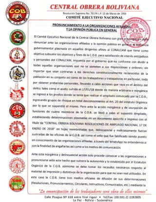 Pronunciamiento Central Obrera Boliviana