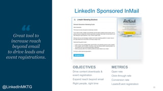25
Great tool to
increase reach
beyond email
to drive leads and
event registrations.
LinkedIn Sponsored InMail
OBJECTIVES
...