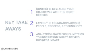 KEY TAKE
AWAYS
CONTEXT IS KEY: ALIGN YOUR
OBJECTIVES WITH THE RIGHT
METRICS
LAYING THE FOUNDATION ACROSS
PEOPLE, PROCESS, ...