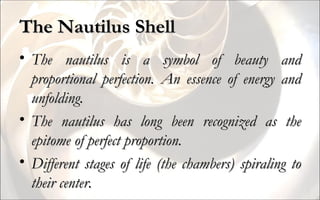 The Nautilus Shell The nautilus is a symbol of beauty and proportional perfection. An essence of energy and unfolding. The nautilus has long been recognized as the epitome of perfect proportion. Different stages of life (the chambers) spiraling to their center. 