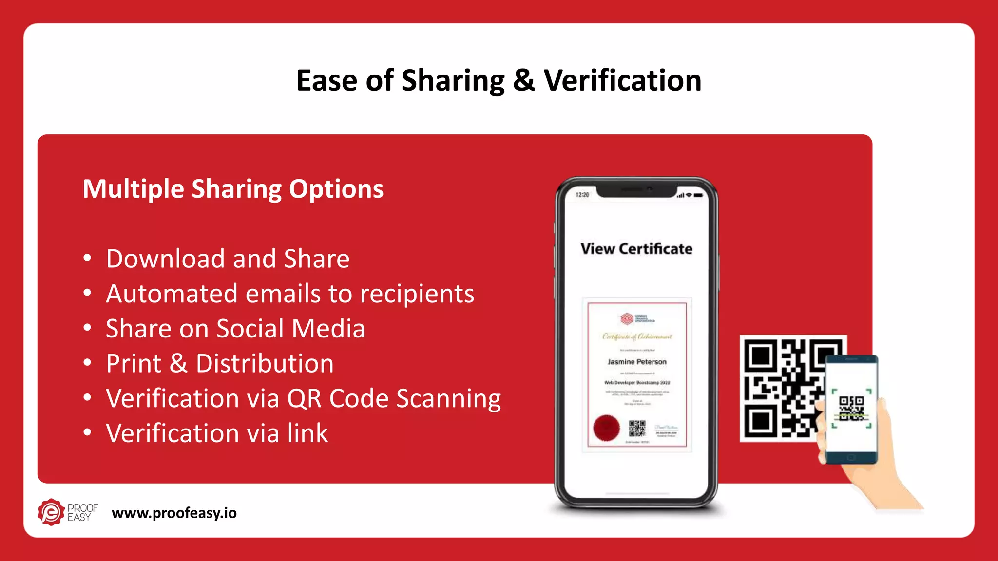 Multiple Sharing Options
• Download and Share
• Automated emails to recipients
• Share on Social Media
• Print & Distribution
• Verification via QR Code Scanning
• Verification via link
Ease of Sharing & Verification
www.proofeasy.io
 