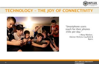 TECHNOLOGY – THE JOY OF CONNECTIVITY

“Smartphone users
reach for their phones
150x per day.” 
—Mary Meeker,
Kleiner Perkins Cauﬁeld &
Byers

10

2013 INFLUX CREATIVITY
CONFERENCE

 