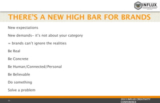 THERE’S A NEW HIGH BAR FOR BRANDS
New expectations
New demands- it’s not about your category
= brands can’t ignore the realities
Be Real
Be Concrete
Be Human/Connected/Personal
Be Believable
Do something
Solve a problem
31

2013 INFLUX CREATIVITY
CONFERENCE

 