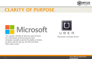 CLARITY OF PURPOSE

“To create a family of devices and services
for individuals and businesses that
empower people around the globe at home,
at work and on the go, for the activities
they value most.”

48

“Everyone’s private driver”

2013 INFLUX CREATIVITY
CONFERENCE

 