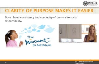 CLARITY OF PURPOSE MAKES IT EASIER
Dove: Brand consistency and continuity—from viral to social
responsibility.

49

2013 INFLUX CREATIVITY
CONFERENCE

 