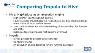Comparing Impala to Hive 
• Hive: MapReduce as an execution engine 
– High latency, low throughput queries 
– Fault-tolera...