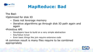 MapReduce: Bad 
The Bad: 
•Optimized for disk IO 
– Does not leverage memory 
– Iterative algorithms go through disk IO pa...
