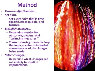 MethodForm an effective team.Set aims.Set a clear aim that is time specific, measureable, and focused.Establish measures.Determine metrics for outcomes, process, and "balancing measures." These balancing measures help the team scan for unintended consequences of the changes being made.Select changes.Determine which changes are most likely to result in improvement.