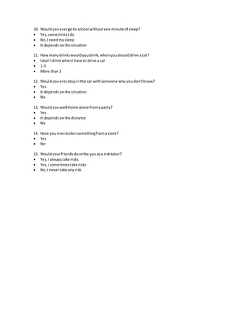 10. Wouldyouevergo to school withoutone minute of sleep?
 Yes,sometimesIdo
 No,I needmysleep
 It dependsonthe situation
11. How manydrinkswouldyoudrink,whenyoushoulddrive acar?
 I don’tdrinkwhenIhave to drive a car
 1-3
 More than 3
12. Wouldyoueverstepinthe car withsomeone whyyoudon’tknow?
 Yes
 It dependsonthe situation
 No
13. Wouldyouwalkhome alone froma party?
 Yes
 It dependsonthe distance
 No
14. Have you everstolensomethingfromastore?
 Yes
 No
15. Wouldyourfriendsdescribe youasa risktaker?
 Yes,I alwaystake risks
 Yes,I sometimestake risks
 No,I nevertake any risk
 