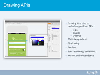 Drawing APIs

 Drawing APIs bind to
underlying platform APIs:
 UIkit
 Quartz
 OpenGL
 Multistep gradient

 Shadowing...