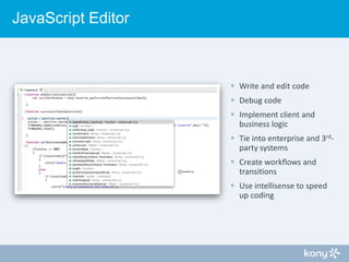 JavaScript Editor

 Write and edit code
 Debug code
 Implement client and
business logic
 Tie into enterprise and 3rdp...