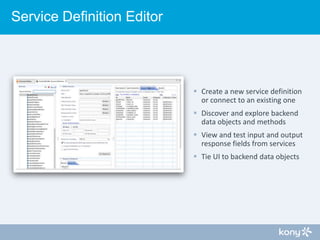 Service Definition Editor

 Create a new service definition
or connect to an existing one
 Discover and explore backend
...