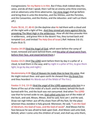 transgressions: for my Name is in Him. But if thou shalt indeed obey His
voice, and do all that I speak; then I will be an enemy unto thine enemies,
and an adversary unto thine adversaries. For mine Angel shall go before
and bring thee in unto the Amorites, and the Hittites, and the Perizites,
and the Canaanites, and the Hivites, and the Jebusites: and I will cut them
off.)

Psalm 78:14, 17, 40-41 (In the daytime also He led them with a cloud and
all the night with a light of fire…And they sinned yet more against Him by
provoking The Most High in the wilderness…How oft did they provoke Him
in wilderness, and grieve Him in the desert! Yea, they turned back and
tempted God, and limited The Holy One of Israel.) Ref: Hebrew 3:6-15;
Psalm 95:6-7)

Exodus 14:19 (And the Angel of God, which went before the camp of
Israel, removed and went behind them; and the pillar of cloud went from
before their face, and stood behind them.)

Exodus 13:21 (And The LORD went before them by day in a pillar of a
cloud, to lead them in the way; and by night in a pillar of fire, to give them
light; to go by day and night.)

Deuteronomy 4:36 (Out of Heaven He made thee to hear His voice, that
He might instruct thee: and upon earth He shewed thee His Great Fire;
and thou heardest His Words out of the Midst of The Fire.)

Exodus 3: 2-6, 13-15 (And the angel of the LORD appeared unto him in a
flame of fire out of the midst of a bush: and he looked, behold the bush
burned with fire, and the bush was not consumed. And when The LORD
saw that he turned aside to see, God called unto him out of the midst of
the bush, and said, Moses, Moses. And he said, here am I. and He said,
Draw not nigh hither: put off thy shoes from off thy feet, for the place
whereon thou standest is holy ground. Moreover, He said, “I am the God
of Abraham, the God of Isaac, and the God of Jacob”. And Moses hid his
face because he was afraid to look upon God…And Moses said unto God,
Behold, when I come unto the children of Israel, and shall say unto them,
 