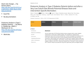 Heart rate changes… / by
Daniel Lakens,
http://dx.doi.org/10.4121/uui
d:ab52261c-206b-4bed-a59d-
026a16c04144
 Excel-file
 No documentation
Proteomic Analysis in Type 2
Diabetes Patients … / by Maria
A. Sleddering , Albert J.
Markvoort et. al.,
http://dx.doi.org/10.1371/jou
rnal.pone.0112835
 Word.doc
 