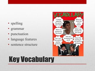 Key Vocabulary
• spelling
• grammar
• punctuation
• language features
• sentence structure
 