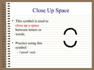 Close Up Space
• This symbol is used to
close up a space
between letters or
words.
• Practice using this
symbol:
– I proof...