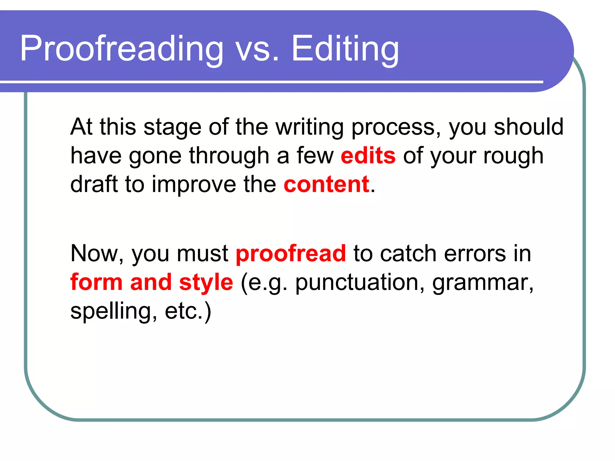 Proofreading vs. Editing At this stage of the writing process, you should have gone through a few edits of your rough draft to improve the content . Now, you must proofread to catch errors in form and style (e.g. punctuation, grammar, spelling, etc.)