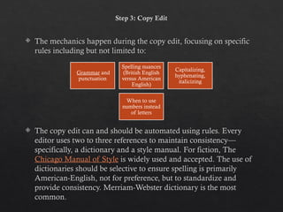 Step 3: Copy Edit
 The mechanics happen during the copy edit, focusing on specific
rules including but not limited to:
 The copy edit can and should be automated using rules. Every
editor uses two to three references to maintain consistency—
specifically, a dictionary and a style manual. For fiction, The
Chicago Manual of Style is widely used and accepted. The use of
dictionaries should be selective to ensure spelling is primarily
American-English, not for preference, but to standardize and
provide consistency. Merriam-Webster dictionary is the most
common.
Grammar and
punctuation
Spelling nuances
(British English
versus American
English)
Capitalizing,
hyphenating,
italicizing
When to use
numbers instead
of letters
 