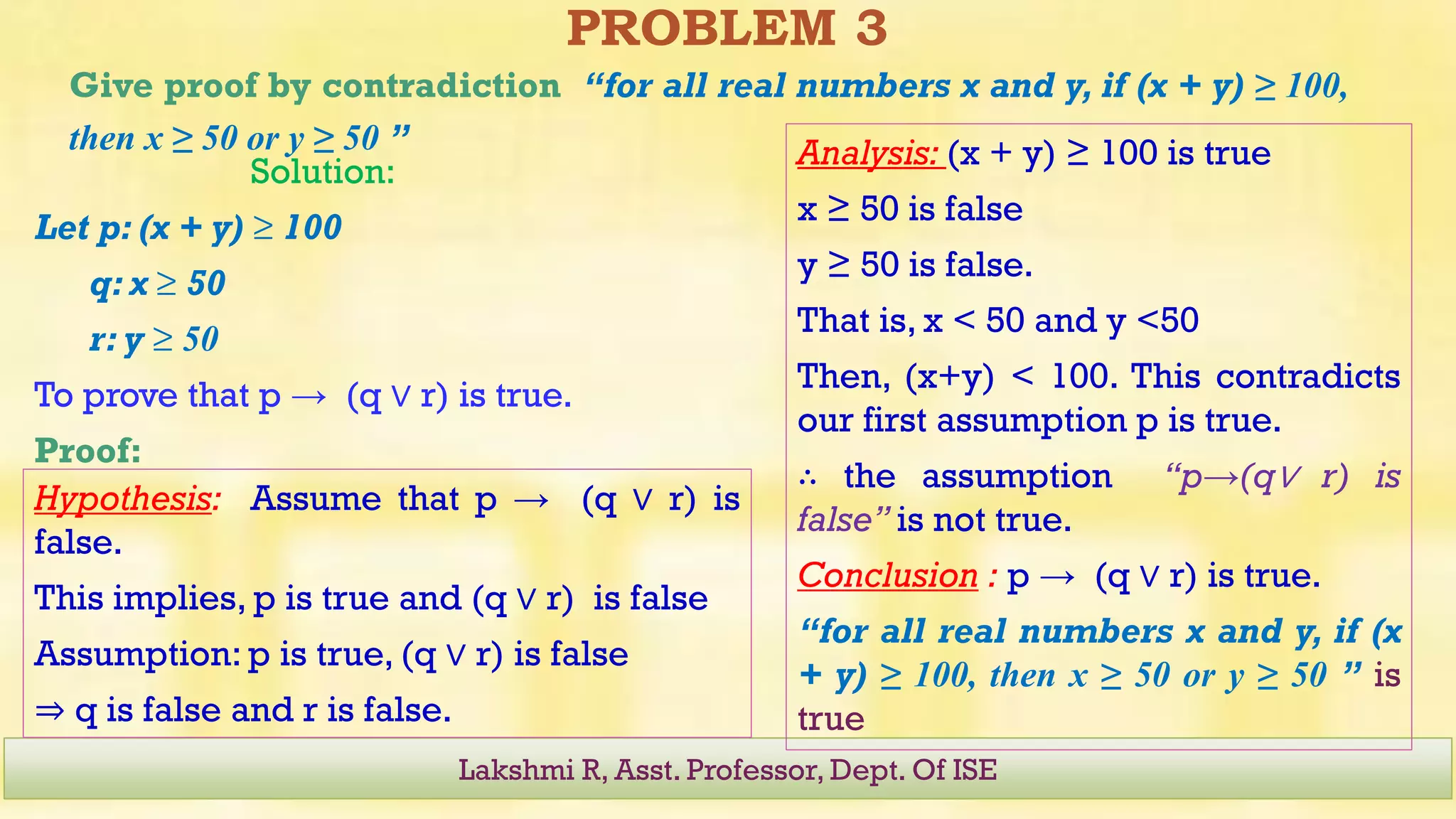 PROBLEM 3
Give proof by contradiction “for all real numbers x and y, if (x + y) ≥ 100,
then x ≥ 50 or y ≥ 50 ”
Lakshmi R, Asst. Professor, Dept. Of ISE
Solution:
Let p: (x + y) ≥ 100
q: x ≥ 50
r: y ≥ 50
To prove that p → (q ∨ r) is true.
Proof:
Analysis: (x + y) ≥ 100 is true
x ≥ 50 is false
y ≥ 50 is false.
That is, x < 50 and y <50
Then, (x+y) < 100. This contradicts
our first assumption p is true.
∴ the assumption “p→(q∨ r) is
false” is not true.
Conclusion : p → (q ∨ r) is true.
“for all real numbers x and y, if (x
+ y) ≥ 100, then x ≥ 50 or y ≥ 50 ” is
true
Hypothesis: Assume that p → (q ∨ r) is
false.
This implies, p is true and (q ∨ r) is false
Assumption: p is true, (q ∨ r) is false
⇒ q is false and r is false.
 