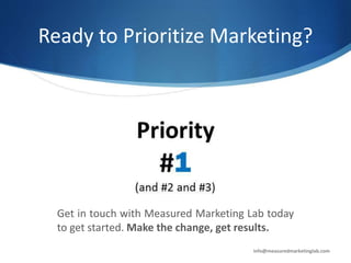 Ready to Prioritize Marketing?
Get in touch with Measured Marketing Lab today
to get started. Make the change, get results.
info@measuredmarketinglab.com
 