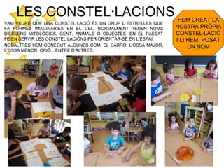 LES CONSTEL·LACIONS
VAM VEURE QUE UNA CONSTEL·LACIÓ ÉS UN GRUP D’ESTRELLES QUE
FA FORMES IMAGINARIES EN EL CEL. NORMALMENT TENEN NOMS
D’ÉSSERS MITOLÒGICS, GENT, ANIMALS O OBJECTES. EN EL PASSAT
FEIEN SERVIR LES CONSTEL·LACIÓNS PER ORIENTAR-SE EN L’ESPAI.
NOSALTRES HEM CONEGUT ALGUNES COM: EL CARRO, L’OSSA MAJOR,
L’OSSA MENOR, ORIÓ…ENTRE D’ALTRES.
HEM CREAT LA
NOSTRA PRÒPIA
CONSTEL·LACIÓ
I LI HEM POSAT
UN NOM
 