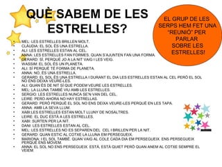 QUÈ SABEM DE LES
ESTRELLES?
• MEL: LES ESTRELLES BRILLEN MOLT.
• CLÀUDIA: EL SOL ÉS UNA ESTRELLA.
• ALI: LES ESTRELLES ESTAN AL CEL.
• ANNA: LES ESTRELLES FAN FORMES. QUAN S’AJUNTEN FAN UNA FORMA.
• GERARD: SÍ, PERQUÈ JO A LA NIT VAIG I LES VEIG.
• WASSIM: EL SOL ÉS UN PLANETA.
• ALI: SÍ PERQUÈ TÉ FORMA DE PLANETA.
• ANNA: NO, ÉS UNA ESTRELLA.
• GERARD: EL SOL ÉS UNA ESTRELLA I DURANT EL DIA LES ESTRELLES ESTAN AL CEL PERÒ EL SOL
NO ENS DEIXA VEURE-LES.
• ALI: QUAN ÉS DE NIT SÍ QUE PODEM VEURE LES ESTRELLES.
• MEL: LA LLUNA TAMBÉ VIU AMB LES ESTRELLES.
• SERGIO: LES ESTRELLES NUNCA SE’N VAN DEL CEL.
• LEIRE: PERO AHORA NO HAY ESTRELLAS.
• GERARD: PERÒ PERQUÈ EL SOL NO ENS DEIXA VEURE-LES PERQUÈ EN LES TAPA.
• ANNA: AMB LA SEVA LLUM.
• XABI:LES ESTRELLES ESTAN MOLT LLUNY DE NOSALTRES.
• LEIRE: EL DUC ESTÀ A LES ESTRELLES.
• XABI: SURTEN PER LA NIT.
• DANI: LES ESTRELLES ESTAN AL CEL.
• MEL: LES ESTRELLES NO ES SEPAREN DEL CEL I BRILLEN PER LA NIT.
• GERARD: QUAN ESTIC AL COTXE LA LLUNA EM PERSEGUEIX.
• MARIONA: I EL SOL TAMBÉ. QUAN VAIG AL COLE CADA DIA EM PERSEGUEIX. ENS PERSEGUEIX
PERQUÈ ENS MOVEM.
• ANNA: EL SOL NO ENS PERSEGUEIX. ESTÀ, ESTÀ QUIET PERÒ QUAN ANEM AL COTXE SEMPRE EL
VEIEM.
EL GRUP DE LES
SERPS HEM FET UNA
“REUNIÓ” PER
PARLAR
SOBRE LES
ESTRELLES!
 