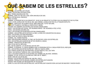 QUÈ SABEM DE LES ESTRELLES?
• GABRIEL: LES ESTRELLES VOLEN.
• MARK: LES ESTRELLES EXPLOTEN.
• ONA: TENEN UNA BOLA DE FOC.
• GABRIEL: SÓN TOT DE FOC I GAS. SÓN UNA BOLA DE GAS.
• LAILA: ESTAN EN EL ESPACIO.
• AINA: FLOTEN.
• GABRIEL: SÍ PERQUÈ NO HI HA GRAVETAT. SI NO HI HA GRAVETAT FLOTEM I SI HI HA GRAVETAT NO FLOTEM.
• JÚLIA: LO DE LA BOLA DE FOC ÉS EL SOL QUE CREMA. LA BOLA DE FOC SI LA TOQUES EXPLOTA.
• GABRIEL: SAPS QUE UN PLANETA ÉS EL MÉS FRED DEL TOTS? SATURN.
• BIEL: SI ET PUGES A L’ESTRELLA I EXPLOTA ET MORS.
• VALÈRIA: NO CREMEN LES ESTRELLES! ESTAN CONGELADES.
• ARLET: LES ESTRELLES VOLEN , DE VEGADES RÀPID I DE VEGADES A POC A POC.
• ORIOL: LES ESTRELLES BRILLEN.
• LAILA: LES ESTRELLES QUAN NEVA ESTAN CONGELADES.
• GABRIEL: LES ESTRELLES SI ESTAN A LA NEU, LA NEU ES CONVERTEIX EN AIGUA.
• AINA: LES ESTRELLES SÓN RODONES.
• ONA: CLAR! NO VEUS LA BOLA DE GAS?
• GABRIEL: NO, TENEN PUNTES.
• AINA: SÓN RODONES PERQUÈ JO TINC UN TELESCOPI I VEIG LES ESTRELLES.
• ONA: LES ESTRELLES QUAN ÉS DE NIT ES VEUEN A L’AIGUA.
• GABRIEL: PERQUÈ ÉS UN REFLEXE.
• ONA: SÍ, ES VEU EL REFLEXE.
• BIEL: NO ÉS VERITAT. JO UN DIA NO LES HE VIST.
• GABRIEL: SÍ PERQUÈ A L’AIGUA SEMBLA QUE LA PERSONA ESTÀ A L’AIGUA PERÒ ÉS EL REFLEXE.
• BIEL: LES ESTRELLES ESTAN SUPER ALT. MÉS ALT QUE EL MÓN.
• LAIA: DONCS QUAN ÉS DE DIA ENACARA ESTAN PERÒ EL SOL LES TAPA
• ORIOL: ELS NÚVOLS TAPEN EL SOL I LES ESTRELLES.
• LAIA: A ALGUNS PLANETES HI HA ESTRELLES VERMELLES, BLAVES, VERDES..
• GABRIEL: SÍ, DE TOTS ELS COLORS DE L’ARC DE ST. MARTÍ.
• MARK: SÓN DE COLOR BLANC.
• SERGIO: LES ESTRELLES NUNCA SE VAN DEL CIELO.
• GABRIEL: PERQUÈ NO ES MOUEN, NOMÉS LES ESTRELLES FUGACES.
• SERGIO: PER VEURE-LES NECESSITEM UN TELESCOPI.
• LEIRE: EL DUC ESTÁ EN LAS ESTRELLAS. LAS ESTRELLAS FUGACES SON LAS QUE SE MUEVEN Y HACEN RUIDO.
 