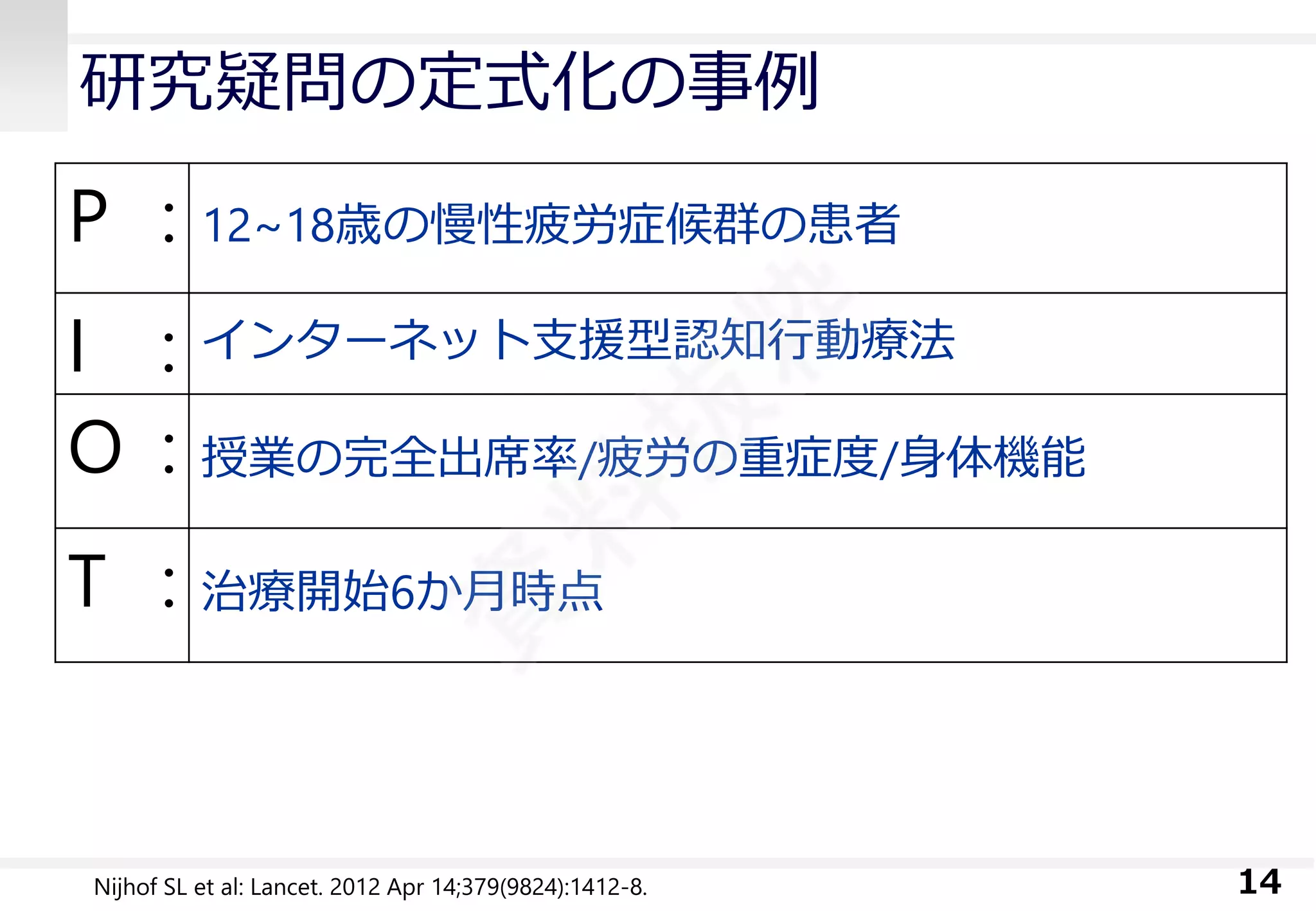 研究疑問の定式化の事例 
14 
P: 
12~18歳の慢性疲労症候群の患者 
I: 
インターネット支援型認知行動療法 
O: 
授業の完全出席率/疲労の重症度/身体機能 
T: 
治療開始6か月時点 
NijhofSL et al: Lancet. 2012 Apr 14;379(9824):1412-8.  