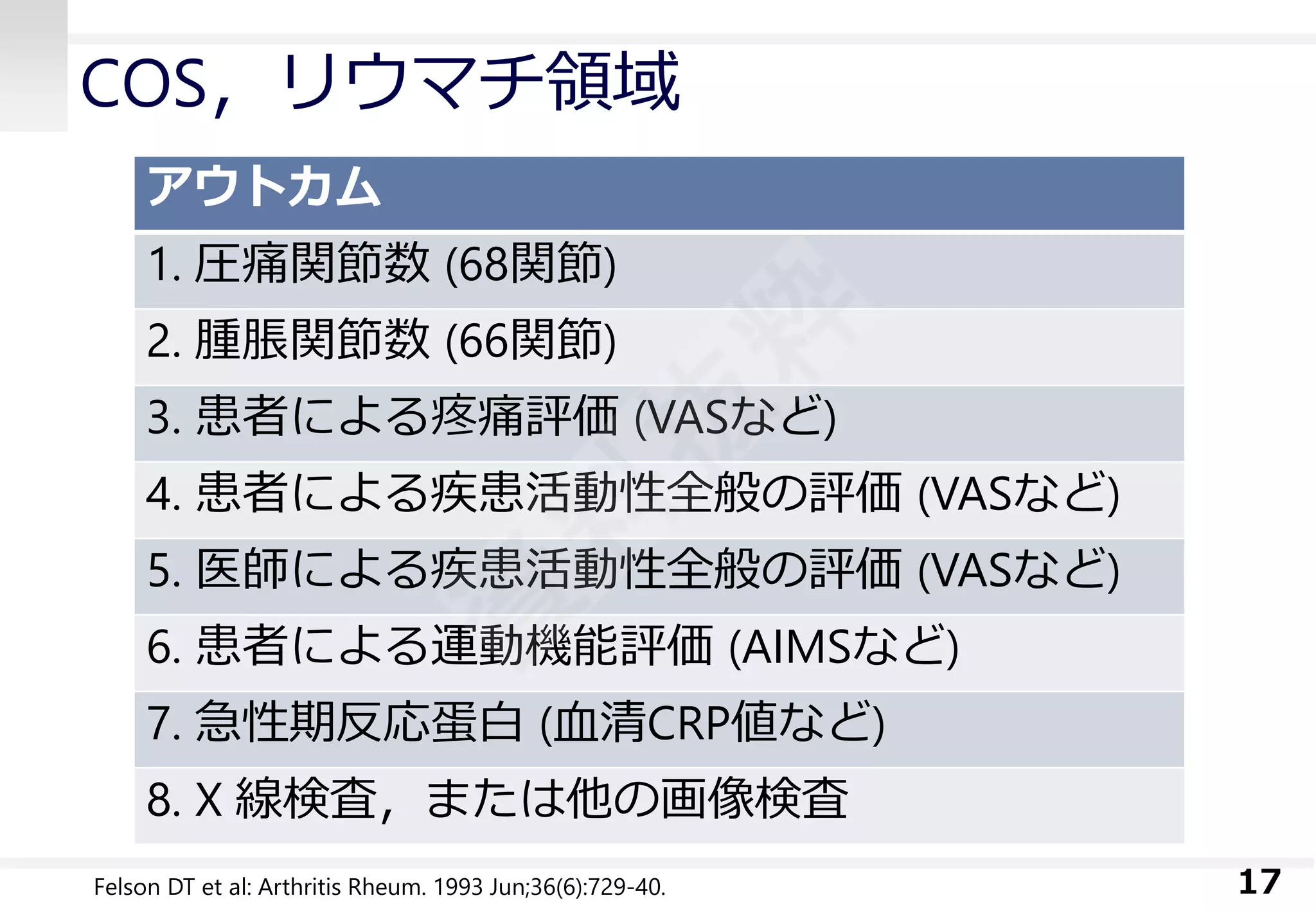 COS，リウマチ領域 
17 
FelsonDTet al: Arthritis Rheum. 1993 Jun;36(6):729-40. 
アウトカム 
1. 圧痛関節数(68関節) 
2.腫脹関節数(66関節) 
3. 患者による疼痛評価(VASなど) 
4. 患者による疾患活動性全般の評価(VASなど) 
5. 医師による疾患活動性全般の評価(VASなど) 
6. 患者による運動機能評価(AIMSなど) 
7. 急性期反応蛋白(血清CRP値など) 
8. X 線検査，または他の画像検査  