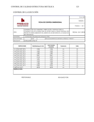 CONTROL DE CALIDAD ESTRUCTURA METÁLICA 123
CONTROL DE LA EJECUCIÓN
Cód.:02D
VERSIÓN: 1
PÁGINA: 1 DE 1
FECHA: 13/11/2018
Lote:
Tolerancia VoBo
1.1 NA OK
1.2 NA OK
1.3 NA OK
1.4 NA OK
1.5 NA OK
1.6 NA OK
1.7 NA OK
1.8 NA OK
1.9 NA OK
1.10 NA OK
REVISADO POR:
OBRA:
FICHA DE CONTROL DIMENSIONAL
CONSTRUCCIÓN DEL SUMINISTRO, FABRICACIÓN Y MONTAJE PARA LA
CONSTRUCCIÓN DE LA ESTRUCTURA DE ACERO PARA EL PUENTE PEATONAL DEL
PROYECTO INTERCAMBIADOR VIAL MESÓN DE LOS BÚCAROS EN LA CIUDAD DE
BUCARAMANGA.
ACTIVIDAD: Control lista de partes de connjunto CPA/
Cód. actividad:
Descripción: CONJUNTO CPA/19
INSPECCIONES Medidas(Log en mm)
valor tomado
(muestra)
Ubucación/referencia elemento: MÓDULO 1 TRAMO 1
Perfil 200*100*6 1559 1559
Perfil 200*100*6 1589 1589
Perfil 200*100*6 1702 1702
Perfil 200*100*9 5347 5347
Perfil 200*100*3 2789 2790
Perfil 200*100*9
Perfil 200*100*3
Perfil 200*100*3
Perfil 200*100*3
1695
5134
1553
1780
5135
1695
1553
1780
Perfil 200*9 4278 4278
OBSERVACIONES:
RESPONSABLE:
 