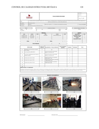 CONTROL DE CALIDAD ESTRUCTURA METÁLICA 128
PRESACO
DIURNO X DE: 7:00 HASTA: 18:00 9 Horas
NOCTURNO DE: HASTA:
CANT. CANT. CANT.
1 1 5
5 1
4 2
-
10 1
Tiempo de
ejecución
Aceptado Rechazado
1.1 1h X
1.2 3 h X
1.3 7 h X
1.4 5 h X
1.5 6 h X
1.6 11 h X
1.7
1.8
OBSERVACIONES Y/O COMENTARIOS:
Se empezó el armado de las cerchas: CPA/9 y CPA/12, se terminó con el armado de la cercha CPA/8, se cortaron 18 platinas de 200X120X1/2'' para los refuerzos de las uniones entre módulos,
se terminaron de cortar los 32 rigidizadores de los apoyos y se empezó con el biselado de estos, se empalmaron los tubos necesarios para el armado de las cerchas: CPA/9 y CPA/12.
PLANOS DE TALLER [37][19] CONJUNTOS
- PARTES TRAMO 2-19A
ACTIVIDAD:
CONTRATISTA
Descripción:
FECHA:10/12/2018
Armado de cerchas.
Armado de las cerchas CPA/8 CPA/9 CPA/12
Ubicación: TALLER CLL 17 # 15-42 Barrio la Mutualidad/ Bucaramanga
PLANOS DE TALLER[20] CONJUNTOS -
PARTES TRAMO 2-20A
INSPECCIONES
Preparación de herramientas y equipos
para trabajar
Corte de platinas 200X120X1/2''
Corte de los rigidizadores de los apoyos y
biselado de estos
Cód.:046
VERSIÓN: 1
PÁGINA: 1 DE 2
OBRA:
FICHA DE INSPECCIÓN DIARIA
CONSTRUCCIÓN DEL SUMINISTRO, FABRICACIÓN Y MONTAJE PARA LA CONSTRUCCIÓN DE LA ESTRUCTURA DE ACERO PARA EL PUENTE PEATONAL DEL PROYECTO INTERCAMBIADOR VIAL
MESÓN DE LOS BÚCAROS EN LA CIUDAD DE BUCARAMANGA.
HORAS DE TRABAJO POR TURNO
HORARIO DE TRABAJO
TURNO
EQUIPOS
DESCRIPCIÓN
SOLDADURA MIG/MAG
SOLDADURA SMAW
PLASMA
TOTAL PERSONAL
TOTAL TOTAL
AREA
CONSTRUCCIÓN
CONSTRUCCIÓN
CARGO AREA CARGO
CONSTRUCCIÓN ARMADOR
SOLDADORES
AYUDANTES
INGENIERÍA JEFE DE PRODUCCIÓN
PERSONAL
Armado de la cercha CPA/9
Documentación – Plano de referencia
Archivo fotográfico
generado
PLANOS DE TALLER [37][19][20] PARTES
TRAMOS 2-16A 2-20A 2-19A
PLANOS DE TALLER [37][19][20] PARTES
TRAMOS 2-16A 2-20A 2-19A
Armado de la cercha CPA/12
11
HERRAMIENTA MENOR
PLANOS DE TALLER [37] CONJUNTOS -
PARTES TRAMO 2-16A
NA
Armado de la cercha CPA/8
Firma
RESPONSABLE: REVISADO POR:
REGISTO FOTOGRÁFICO
001 002 003
004 005 006
 