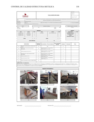CONTROL DE CALIDAD ESTRUCTURA METÁLICA 130
PRESACO
DIURNO X DE: 7:00 HASTA: 18:00 8 Horas
NOCTURNO DE: HASTA:
CANT. CANT. CANT.
1 1 3
5
3 2
-
9 1
Tiempo de
ejecución
Aceptado Rechazado
1.1 1h X
1.2 2 h X
1.3 6 h X
1.4 1h X
1.5 6 h X
1.6 6 h X
1.7 3 h
1.8
PERSONAL
CARGO
ARMADOR
CONSTRUCCIÓN INGENIERÍA JEFE DE PRODUCCIÓN SOLDADURA MIG/MAG
TURNO HORARIO DE TRABAJO HORAS DE TRABAJO POR TURNO
Armado de las cerchas CPA/8 CPA/9 CPA/12
HERRAMIENTA MENOR
CONSTRUCCIÓN SOLDADURA SMAW
CONSTRUCCIÓN PLASMA
SOLDADORES
AYUDANTES
INSPECCIONES Documentación – Plano de referencia
Archivo fotográfico
generado
TOTAL TOTAL
TOTAL PERSONAL 10
Firma
OBSERVACIONES Y/O COMENTARIOS:
Se continuó con el armado de las cerchas CV/19 Y CV/20(se colocaron los elementos de 120X200X3/8"), se pulieron y cuadraron los paoyos del tramo 1, se biselaron catorce(14) C´s para
elmado de los tubos 120X200X3/8" de 2.44m, se armó y resoldó un tubo de 120X200X3/8" de 6.1m, se armaron 6 tubos de 120X200X3/8" de 2.44m y a su vez se resoldaron, se decargaron 10 C´s
para armado de tubos de 200X200X3/8" y se pulieron los tubos de 120X200X3/8".
Armado y resoldado de tubos de 200X120X3/8"
EQUIPOS
AREA AREA CARGO DESCRIPCIÓN
FICHA DE INSPECCIÓN DIARIA
Cód.:056
VERSIÓN: 1
PÁGINA: 1 DE 1
OBRA:
CONSTRUCCIÓN DEL SUMINISTRO, FABRICACIÓN Y MONTAJE PARA LA CONSTRUCCIÓN DE LA ESTRUCTURA DE ACERO PARA EL PUENTE PEATONAL DEL PROYECTO INTERCAMBIADOR VIAL
MESÓN DE LOS BÚCAROS EN LA CIUDAD DE BUCARAMANGA.
ACTIVIDAD: Armado de cerchas.
CONTRATISTA Ubicación: TALLER CLL 17 # 15-42 Barrio la Mutualidad/ Bucaramanga FECHA:15/12/2018
Descripción:
Preparación de herramientas y equipos para
trabajar
NA
Armado de cercha CV/19
PLANOS DE TALLER [12] CONJUNTOS -
PARTES TRAMO 2-12A
Armado de cercha CV/20
PLANOS DE TALLER [11] CONJUNTOS -
PARTES TRAMO 2-11A
Pulida de appoyos para tramo 1
PLANOS DE TALLER [12] CONJUNTOS -
PARTES TRAMO 2-11A Y 2-12A
Descargue de C´s para armado de tubos
200X120X3/8"
PLANOS DE TALLER [12] CONJUNTOS -
PARTES TRAMO 2-11A Y 2-12A
Biselado de C´s para armado de tubos
200X120X3/8"
PLANOS DE TALLER [12] CONJUNTOS -
PARTES TRAMO 2-11A Y 2-12A
RESPONSABLE: REVISADO POR:
REGISTO FOTOGRÁFICO
001 002 003
004 005 006
 