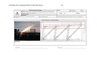 CONTROL DE CALIDAD ESTRUCTURA METÁLICA 135
FECHA INFORME: 8/10/2018
FECHA INSPECCION: 1/10/2018
REVISADO POR:
PÁGINA _____ DE _____ VERSIÓN: 01
PROYECTO: CONSTRUCCIÓN DEL SUMINISTRO, FABRICACIÓN YMONTAJE PARA LA CONSTRUCCIÓN DE LA
ESTRUCTURA DE ACERO PARA EL PUENTE PEATONAL DEL PROYECTO INTERCAMBIADOR VIAL MESÓN DE LOS
BÚCAROS EN LA CIUDAD DE BUCARAMANGA.
OBSERVACIONES:
RESPONSABLE:
Logo
LUGAR DE LA INSPECCION: CLL 17 # 15-42 Barrio la Mutualidad/
Bucaramanga
CIUDAD: BUCARAMANGA
CÓDIGO:
CONTRATO DE OBRA N° :
INTERVENTORÍA:
REGISTRO FOTOGRAFICO / DOCUMENTO REFERENCIA
REPORTE DE INSPECCIÓN POR LIMPIEZA
TIPO DE ESTRUCTURA A INSPECCIONAR: CERCHA CV/5 B-1-N PV/5 PTE 200*200*12
 