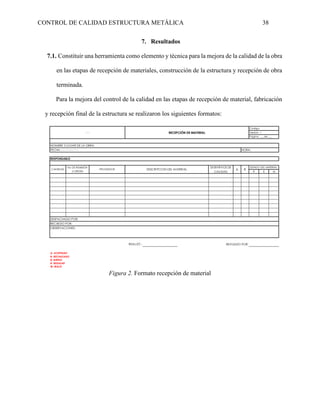 CONTROL DE CALIDAD ESTRUCTURA METÁLICA 38
7. Resultados
7.1. Constituir una herramienta como elemento y técnica para la mejora de la calidad de la obra
en las etapas de recepción de materiales, construcción de la estructura y recepción de obra
terminada.
Para la mejora del control de la calidad en las etapas de recepción de material, fabricación
y recepción final de la estructura se realizaron los siguientes formatos:
Figura 2. Formato recepción de material
B R M
REVISADO POR:
A: ACEPTADO
R: RECHAZADO
B: BUENO
R: REGULAR
M: MALO
DESPACHADO POR:
RECIBIDO POR:
OBSERVACIONES:
REALIZÓ :
NOMBRE YLUGAR DE LA OBRA:
HORA:
RESPONSABLE:
CANTIDAD
ESTADO DEL MATERIAL
No DE REMISIÓN
U ORDEN
PROVEEDOR R
A
FECHA: DD/MM/AA
DESCRIPCIÓN DEL MATERIAL
DISTINTIVOS DE
CALIDAD
Código:
Versión: 1
Página: ___de ___
RECEPCIÓN DE MATERIAL
LOGO
 