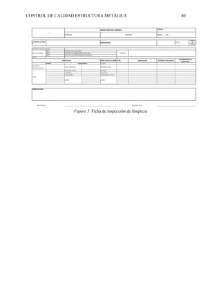 CONTROL DE CALIDAD ESTRUCTURA METÁLICA 40
Figura 5. Ficha de inspección de limpieza
FECHA
FORMATO
No
1 de 00
SSPC1
SSPC2
SSPC3
ACEPTADO/ RECHAZADO
BORDES
DISCO TRENSADO PERFORACIONES
DISCOS DE COPA UNIONES
PULIDORA EMPALMES
CLEAN&STRIP SUPERFICIES PLANAS
RESPONSABLE: REVISADO POR:
OTROS
OTROS OTROS
CONTRATO DE OBRA
N°
INTERVENTORÍA:
DD/MM/AA
CÓDIGO:
VERSIÓN 01 PÁGINA _____ DE _____
INSPECCIÓN DE LIMPIEZA
PROYECTO:
Logo
PT - ANGULO - IP - PHR
ELEMENTO INSPECCIONADO:
TIPO DE LIMPIEZA:
LIMPIEZA CON HERRAMIENTAS MECANICAS
MÉTODO:
LIMPIEZA CON SOLVENTES
LIMPIEZA CO HERRAMIENTAS MANUALES
SOLVENTE Y
DESENGRASANTES
MATERIAL HERRAMIENTAS
VERIFICACIóN INSPECCIÓN DE LA LIMPIEZA EN:
OBSERVACIONES:
OTROS
RESPONSABLE DE LA
INSPECCIÓN
OBSERVACIONES
 