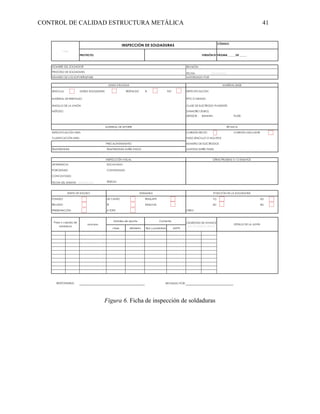 CONTROL DE CALIDAD ESTRUCTURA METÁLICA 41
Figura 6. Ficha de inspección de soldaduras
DOBLE SOLDADURA RESPALDO SI NO
DIÁMETRO (TUBO)
ESPESOR : RANURA: FILETE:
DE CANTO TRASLAPE
TE ESQUINA
A TOPE
clase diámetro Tipo y polaridad AMPS
REVISADO POR:
Logo
INSPECCIÓN DE SOLDADURAS CÓDIGO:
PROYECTO: VERSIÓN 01 PÁGINA _____ DE _____
TÉCNICA
CORDÓN RECTO CORDÓN OSCILANTE
NÚMERO DE ELECTRODOS
LIMPIEZA ENTRE PASES
ÁNGULO DE LA UNIÓN
MÉTODO
JUNTA UTILIZADA MATERIAL BASE
CLASE DE ELECTRODO FUNDENTE:
SENCILLA
MATERIAL DE RESPALDO
OTRAS PRUEBAS Y/ O ENSAYOS
Metales de aporte
INSPECCIÓN VISUAL
APARIENCIA: SOCAVADO:
POROSIDAD:
FECHA DEL ENSAYO DD/MM/AA
CONCAVIDAD:
OTRO:
NOMBRE DEL SOLDADOR
PROCESO DE SOLDADURA
NÚMERO DE LOS SOPORTES(PQR)
TIPO O GRADO:
ESPECIFICACIÓN:
REVISIÓN
FECHA: DD/MM/AA
AUTORIZADO POR
MATERIAL DE APORTE
ESPECIFICACIÓN AWS:
CLASIFICACIÓN AWS: PASO SENCILLO O MÚLTIPLE
Corriente
CELERIDAD DE AVANCE
UND DE MEDIDA /TIEMPO
DETALLE DE LA JUNTA
RELLENO
FONDEO
proceso
Pase o capa(s) de
soldadura
TEMPERATURA ENTRE PASOS
TEMPERATURA
PRECALENTAMIENTO
CONVEXIDAD:
TESTIGO
RESPONSABLE:
POSICIÓN DE LA SOLDADURA
1G
3G
2G
4G
ENSAMBLE
ETAPA DE SOLDEO
PRESENTACIÓN
 
