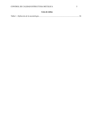 CONTROL DE CALIDAD ESTRUCTURA METÁLICA 5
Lista de tablas
Tabla 1. Definición de la metodología......................................................................................... 34
 