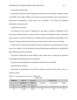 CONTROL DE CALIDAD ESTRUCTURA METÁLICA 65
Corrección de perforaciones
Es permitido corregir de manera moderada las perforaciones mal ubicadas, se podrán corregir
con métodos como pulido, soldado o corte térmico con el fin de facilitar el paso de los pernos en
perforaciones desalineadas, se debe contar con el concepto y visto bueno del diseñador
previamente a cada corrección.
Lubricación de los pernos
La lubricación de los pernos es importante ya que aporta y mejora el rendimiento de las
conexiones roscadas teniendo en cuenta que estas nos ofrecen la facilidad de montar y desmontar
piezas, gracias a la correcta lubricación se pueden prevenir inconsistencias relacionadas con la
fricción y el desgaste, además de dar protección al perno frente a efectos como la corrosión.
Se debe tener en cuenta que para apretar un perno no lubricado se necesitará aplicar un torque
mayor, esto implica el uso de herramienta robusta disminuyendo posiblemente la ductilidad del
perno debido al aumento de esfuerzos.
Si un perno es lubricado con aceite soluble en agua se debe tener en cuenta que su exposición
a la intemperie producirá deterioro en el lubricante.
Si un perno presenta partículas de suciedad u óxido deberá ser re lubricado.
Apretamiento de los pernos
Para realizar el apretamiento de los pernos se tendrá en cuenta el tipo de perno a usar y su
respectiva norma.
Tabla A 2. Apretamiento de los pernos ASTM A449
ASTM A449
Diámetro Carga de
prueba (lb)
Fuerza de
apriete
Torque (ft-lb)
Lubricado Galvanizado Negro
¼” 2.700 2.025 4 11 8
½” 12.050 9.038 38 94 75
 