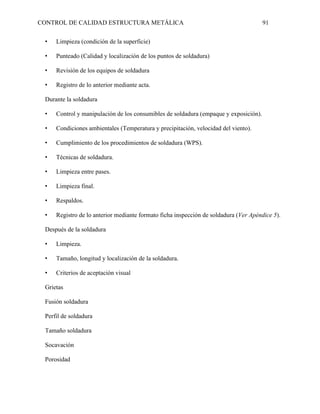 CONTROL DE CALIDAD ESTRUCTURA METÁLICA 91
• Limpieza (condición de la superficie)
• Punteado (Calidad y localización de los puntos de soldadura)
• Revisión de los equipos de soldadura
• Registro de lo anterior mediante acta.
Durante la soldadura
• Control y manipulación de los consumibles de soldadura (empaque y exposición).
• Condiciones ambientales (Temperatura y precipitación, velocidad del viento).
• Cumplimiento de los procedimientos de soldadura (WPS).
• Técnicas de soldadura.
• Limpieza entre pases.
• Limpieza final.
• Respaldos.
• Registro de lo anterior mediante formato ficha inspección de soldadura (Ver Apéndice 5).
Después de la soldadura
• Limpieza.
• Tamaño, longitud y localización de la soldadura.
• Criterios de aceptación visual
Grietas
Fusión soldadura
Perfil de soldadura
Tamaño soldadura
Socavación
Porosidad
 