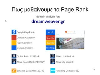 Προώθηση ιστοσελίδων:
http://www.dreamweaver.gr
5
Πως μαθαίνουμε το Page Rank
●Αναζήτηση για "pagerank checker":
 