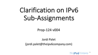 Clarification on IPv6
Sub-Assignments
Prop-124 v004
Jordi Palet
(jordi.palet@theipv6company.com)
1
 