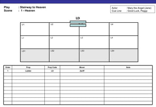 Play  : Stairway to Heaven Scene  :  1 - Heaven Actor : Mary the Angel (Jane) Cue Line  : Good Luck, Peggy U1 U2 U3 U4 L1 L2 L3 L4 LS1 LS2 LS3 LS4 LD Zariff Mover Order Prop Prop Code Note 1 Ladder LD 