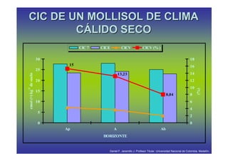 CIC DE UN MOLLISOL DE CLIMA
        CÁLIDO SECO
                                   CIC 7   CICE        CICV              CICV (% )

                        30                                                                                       18
                              15                                                                                 16
                        25
                                                      13,23                                                      14
 cmol (+) kg de suelo




                        20                                                                                       12
                                                                                                                 10
-1




                                                                                                                       (%)
                        15
                                                                                             8,04                8
                        10                                                                                       6
                                                                                                                 4
                         5
                                                                                                                 2
                         0                                                                                       0
                             Ap                   A                                     Ab
                                            HORIZONTE


                                              Daniel F. Jaramillo J. Profesor Titular. Universidad Nacional de Colombia. Medellín.
 