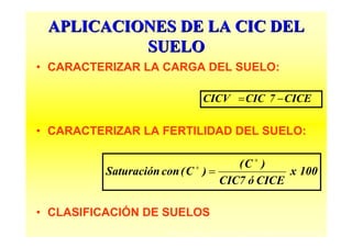 APLICACIONES DE LA CIC DEL
          SUELO
• CARACTERIZAR LA CARGA DEL SUELO:

                                        CICV = CIC 7 − CICE

• CARACTERIZAR LA FERTILIDAD DEL SUELO:

                                      (C + )
          Saturación con ( C + ) =             x 100
                                   CIC7 ó CICE

• CLASIFICACIÓN DE SUELOS
                      Daniel F. Jaramillo J. Profesor Titular. Universidad Nacional de Colombia. Medellín.
 