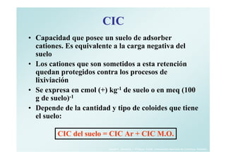 CIC
• Capacidad que posee un suelo de adsorber
  cationes. Es equivalente a la carga negativa del
  suelo
• Los cationes que son sometidos a esta retención
  quedan protegidos contra los procesos de
  lixiviación
• Se expresa en cmol (+) kg-1 de suelo o en meq (100
  g de suelo)-1
• Depende de la cantidad y tipo de coloides que tiene
  el suelo:

         CIC del suelo = CIC Ar + CIC M.O.
                         Daniel F. Jaramillo J. Profesor Titular. Universidad Nacional de Colombia. Medellín.
 