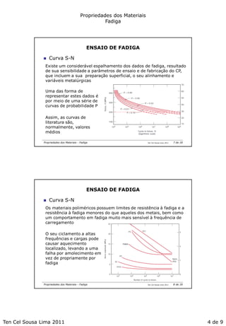 Ten Cel Sousa Lima 2011 4 de 9
Propriedades dos Materiais
Fadiga
Ten Cel Sousa Lima 2011Propriedades dos Materiais - Fadiga
ENSAIO DE FADIGA
 Curva S-N
Existe um considerável espalhamento dos dados de fadiga, resultado
de sua sensibilidade a parâmetros de ensaio e de fabricação do CP,
que incluem a sua preparação superficial, o seu alinhamento e
variáveis metalúrgicas
Uma das forma de
representar estes dados é
por meio de uma série de
curvas de probabilidade P
Assim, as curvas de
literatura são,
normalmente, valores
médios
7 de 18
Ten Cel Sousa Lima 2011Propriedades dos Materiais - Fadiga
ENSAIO DE FADIGA
 Curva S-N
Os materiais poliméricos possuem limites de resistência à fadiga e a
resistência à fadiga menores do que aqueles dos metais, bem como
um comportamento em fadiga muito mais sensível à frequência de
carregamento
O seu ciclamento a altas
frequências e cargas pode
causar aquecimento
localizado, levando a uma
falha por amolecimento em
vez de propriamente por
fadiga
8 de 18
 