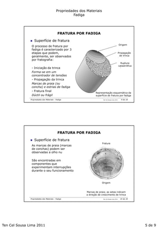 Ten Cel Sousa Lima 2011 5 de 9
Propriedades dos Materiais
Fadiga
Ten Cel Sousa Lima 2011Propriedades dos Materiais - Fadiga
FRATURA POR FADIGA
 Superfície de fratura
Origem
Propagação
de trinca
Ruptura
catastrófica
Representação esquemática da
superfície de fratura por fadiga
O processo de fratura por
fadiga é caracterizado por 3
etapas que podem,
geralmente, ser observados
por fratografia:
- Iniciação da trinca
Forma-se em um
concentrador de tensões
- Propagação da trinca
Marcas de praia (ou
concha) e estrias de fadiga
- Fratura final
Dúctil ou frágil
9 de 18
Ten Cel Sousa Lima 2011Propriedades dos Materiais - Fadiga
FRATURA POR FADIGA
Marcas de praia; as setas indicam
a direção de crescimento de trinca
Origem
 Superfície de fratura
As marcas de praia (marcas
de conchas) podem ser
observadas a olho nu
São encontradas em
componentes que
experimentam interrupções
durante o seu funcionamento
Fratura
10 de 18
 