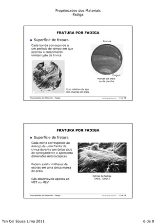 Ten Cel Sousa Lima 2011 6 de 9
Propriedades dos Materiais
Fadiga
Ten Cel Sousa Lima 2011
Fratura
Origem
Propriedades dos Materiais - Fadiga
FRATURA POR FADIGA
Marcas de praia
ou de concha
 Superfície de fratura
Cada banda corresponde a
um período de tempo em que
ocorreu o crescimento
ininterrupto da trinca
Eixo rotativo de aço
com marcas de praia
11 de 18
Ten Cel Sousa Lima 2011Propriedades dos Materiais - Fadiga
FRATURA POR FADIGA
Estrias de fadiga
(MEV, 1000X)
 Superfície de fratura
Cada estria corresponde ao
avanço de uma frente de
trinca durante um único ciclo
de carregamento e apresenta
dimensões microscópicas
Podem existir milhares de
estrias em uma única marca
de praia
São observáveis apenas ao
MET ou MEV
12 de 18
 