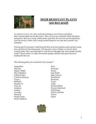 DEER RESISTANT PLANTS
                                        (not deer proof)


As much as we love ‘em, deer can be devastating to some flowers and plants.
Deer resistant plants are not deer proof. Deer are browsers and prefer shrub like plants
and grasses. Deer love young, tender plants, especially the new ones just brought home
from the nursery. Plants with a strong-scented fragrance are often deer resistant, like
marigolds.

Fencing may be necessary to help keep the deer away from gardens and/or protect young
trees and flowers from being eaten. Tall fencing ( 6 feet or higher ) or electric fence
certainly helps. Deer can jump high or wide but not high and wide. Some people actually
install 2 fences about 3-4’ apart around their gardens and have had great success in
keeping the deer out.


The following plants are considered “deer resistant”:

Agapanthus                                       Pines
Alyssum                                          Rosemary
Bigleaf Maple                                    Rushes
Blue Elderberry                                  Sage Brush
California Bay                                   Sages (salvia)
California Buckeye                               Skunkbrush
Crocus                                           Stonecrop
Daffodils                                        Toyon
Douglas Fir                                      Tulips
Ferns-all                                        Western Rebud
Juniperus                                        Western Spicebush
Lantana                                          Wild Ginger
Lavender                                         Wild Iris hybrids
Marigold                                         Yarrow
Oregon Grape                                     Zinnia
Pacific Madrone




                                                                                           5
 